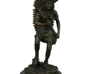 355
20th Century Western School
Chieftain
Patinated bronze on composite base
Signed in the casting: Angelino
Bronze: 12.25" H x 4.75" W x 4.5" D; Overall: 13.125" H x 5.75" Dia.
Estimate: $300 - $500