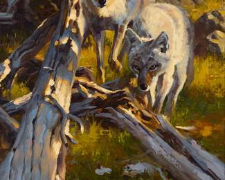 129
Dustin Van Wechel
b. 1974
"Hunting Buddies"
Oil on canvas panel
Signed lower right: D. Van Wechel; titled on a gallery label attached to the frame's verso
16" H x 12" W
Estimate: $1,000 - $2,000