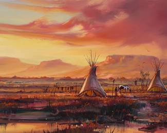 51
Hulan Fleming
b. 1933
Teepees in a landscape at sunset, 2002
Oil on Masonite
Signed lower right: Hulan Fleming ©; dated "4/9/02," verso
12" H x 24" W
Estimate: $400 - $600