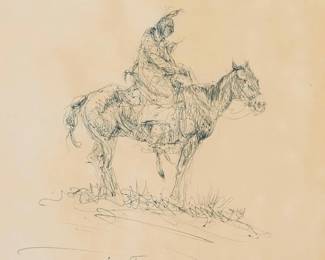 91
Olaf Wieghorst
1899-1988
Native man on horseback
Ballpoint pen on paper mounted to paperboard
Signed and with the artist's 2C device in ballpoint pen at lower left: O-Wieghorst
Sheet: 10" H x 8" W (irreg.)
Estimate: $1,000 - $1,500