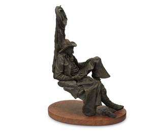 64
Herb Mignery
b. 1937
"Boots Off," 1981
Patinated bronze on wood plinth
Edition: 18/20
Signed, dated, and numbered in the casting: © Herb Mignery 1981
Bronze: 2.25" H x 14.75" W x 9.5" D; Overall: 22.5" H x 16.25" W x 10.75" D
Estimate: $1,000 - $2,000