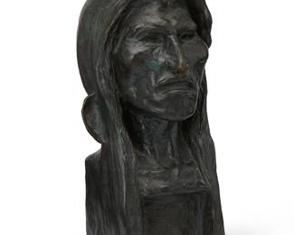 352
After Frederic Remington
1861-1909
"The Savage," modeled 1908
Patinated bronze
Edition: 94/250
Signed, dated, and numbered in the casting: Frederic Remington; foundry mark: Roman Bronze Works Inc. NY; further marked: Copyright by Frederic Remington
11" H x 5.25" W x 5.875" D
Estimate: $400 - $600