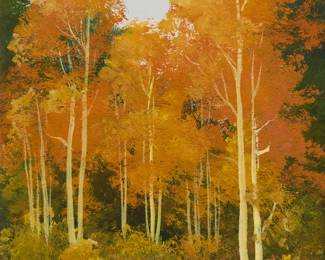 172
Willard Page
1885-1958
"Aspen Trail"
Oil on paperboard
Signed with initials lower right: WP; titled in pencil by the artist's wife, and with the artist's studio ink stamp, both on the frame's backing paper
5" H x 4" W
Estimate: $300 - $500