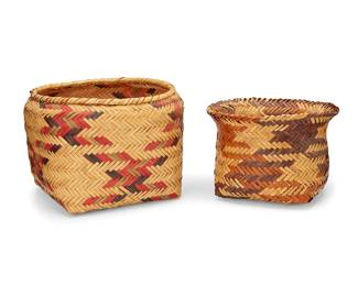 366
Two polychrome Southeast baskets
Early/mid-20th century
Comprising two dyed river cane double-weave baskets, including a large Choctaw four-color basket in brown, red, green and natural cane with large overcast rim (7.75" H x 11" Dia.), as well as a Cherokee basket by Mary Tramper (b. 20th century), comprising a brown, tan and natural cane basket with flared rim and squared base (6.25" H x 9.25" Dia.)
2 pieces
Estimate: $500 - $700
