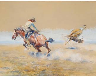 57
Charles Marion Russell
1864-1926
"At the End of the Rope," 1919
Gouache, watercolor, and pencil on illustration board
Signed, dated, and with the artist's skull device lower left: C.M. Russell / 1919
13.25" H x 19.5" W
Estimate: $120,000 - $180,000