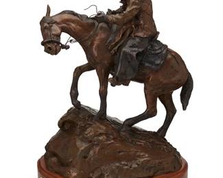 52
Skip Glomb
1935 - 1988
"The Spring of '73," 1979
Patinated bronze on wood plinth
Edition: 9/30
Signed, dated, numbered, and titled in the casting: © Skip Glomb / [S cipher]; further attributed and titled to metal plaque applied to plinth
Bronze: 21.5" H x 16.25" W x 10.5" D; Overall: 23.25" H x 17.25" W x 12" D
Estimate: $800 - $1,200