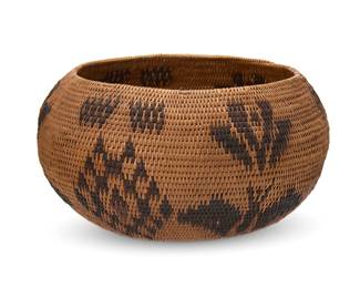 187
A polychrome Washoe pictorial basket
Early 20th century; Northern California/Nevada
A coiled globular bowl with alternating floating moth/butterfly, floral, and geometric motifs
5.5" H x 8.75" Dia.
Estimate: $600 - $900