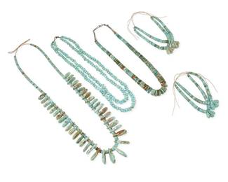 296
A group of Southwest Pueblo turquoise necklaces
Mid-20th century
Comprising two Southwest Pueblo-style necklaces with rolled turquoise beads, one with graduated tab turquoise, as well as two Pueblo graduated rolled turquoise jacla strands with tab turquoise, and a double strand necklace of small turquoise nuggets
5 pieces
29" L to 21" L; jaclas: 5" L (looped)
526.6 grams gross
Estimate: $700 - $900