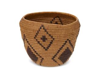 120
A Pomo basket
Early 20th century; California
A small coiled jar with floating diamonds and crosses within larger diamonds
4" H x 5.25" Dia.
Estimate: $400 - $600