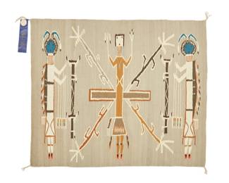 211
A Lim Tsosie Navajo Yei weaving
Lim Tsosie (b. 20th century, Diné)
Mid-20th century
A prize-winning sandpainting textile woven in grey, tan, black, ochre, brown, pink, and blue wool depicting three Yei figures with directional corn stalks
34.5" H x 41.5" W
Estimate: $600 - $900