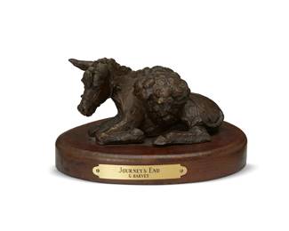 101
Gerald Harvey Jones
1933-2017
"Journey's End," 1984
Patinated bronze on wood plinth
Edition: 144/150 AI
Signed, dated, and numbered in the casting: © Harvey; further attributed and titled to metal plaque applied to plinth
Bronze: 2.375" H x 4.375" W x 3.375" D; Overall: 3.25" H x 5.5" W x 4" D
Estimate: $300 - $500