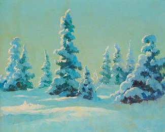 115
Theodore Roosevelt Lambert
1905-1960
Snow-covered trees in Alaska, 1945
Oil on canvas
Signed and dated lower right: T.R. Lambert / 1945
16.25" H x 20.5" W
Estimate: $1,500 - $2,000