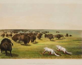 180
After George Catlin
1796-1872
"Buffalo Hunt, Under the White Wolf Skin," No. 13 from "Catlin's N. A. Indian Collection," 1875-78
Lithograph with hand-coloring on paper
With the artists' names, title, publisher information, and other text printed in the stone below the image: "Catlin del. _ on Stone by McGahey / No. 13 / Buffalo Hunt, Under the White Wolf Skin. / (from Catlin's N. A. Indian Collection.) / Day & Haghe lith.rs to the Queen"
Image: 13.75" H x 18.5" W; Sight: 14.25" H x 19.5" W
Estimate: $400 - $600
