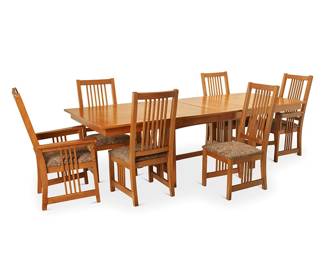 139
A Contemporary Mission-style trestle dining table and chairs
Early 21st century
Each with factory tag or stencil number, some pieces with Bassett paper label
Comprising a wood table with two extender leaves, featuring spindle side supports joined by an H-stretcher, including six conforming spindle-back dining chairs comprising four side chairs and two armchairs, each upholstered in a cotton fabric depicting diamond motifs
9 pieces
Table short: 30.25" H x 44.25" W x 66" L; Leaves: 18" L; Armchairs: 41.25" H x 26.75" W x 25" D
Estimate: $800 - $1,200