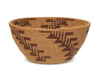 163
A Maidu basket
Early 20th century; Northern California
A coiled bowl with five diagonal columns of stacked quail topknot geometric motifs
4" H x 8.25" Dia.
Estimate: $400 - $600