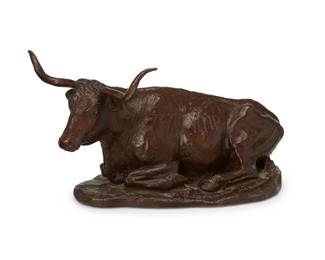 100
Joe Beeler
1931-2006
"Longhorn"
Patinated bronze
Edition: 12/30
Signed and numbered in the casting: Joe Beeler; foundry mark: Buffalo Bronze
5.5" H x 10.375" W x 5.25" D
Estimate: $600 - $800