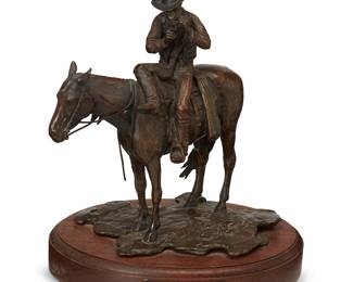 87
Star Liana York
b. 1952
"Midnight Smoke"
Patinated bronze on wood plinth
Edition: 7/10
Signed and numbered in the casting: Star L York; further attributed and titled to metal plaque applied to base
Bronze: 7.75" H x 6.75" W x 5.25" D; Overall: 9" H x 7.25" W x 5.75" D
Estimate: $600 - $900