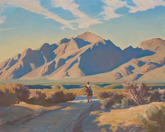 66
Maynard Dixon
1875-1946
"Road to the Mountains (Santa Catalina Range)," 1943
Oil on canvas laid to artist's board
Signed, dated, and inscribed lower left: Maynard Dixon / Ariz. 1943; signed again, titled, and inscribed with the artist's Tuscon, AZ address and artist number "669" in a circle, all in pencil on the verso, and again on the verso of the frame's backing board
16" H x 20" W
Estimate: $50,000 - $70,000