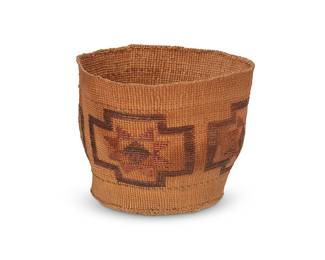 367
A polychrome Tlingit basket
Early/mid-20th century; Pacific Northwest Coast
A small twined cylindrical basket with an imbricated design band of stars and crosses
4.375" H x 5.25" W x 5.75" D
Estimate: $200 - $400