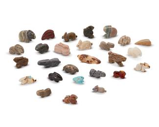 323
A group of Zuni carved stone rabbit fetish figures
Mid/late 20th century
Some variously labeled for the artist
Comprising twenty-seven rabbit figures in various stones including amber and tagua nut, from various makers such as Virginia Toombs, Melissa Quam, and Patricia Wayne, many with turquoise inlaid features, and three mounted with offerings
27 pieces
Largest: 1.125" H x 2" W x 0.75" D; Smallest: 0.5" H x 1" W x 0.25" D
Estimate: $200 - $400