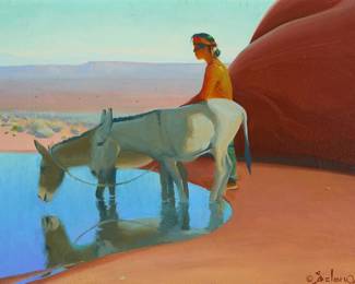 23
Gerard Curtis Delano
1890-1972
"Navajo Boy and his Burros"
Oil on Masonite
Signed and with the artist's device, lower right: © Delano; signed again and titled, verso
15" H x 20" W
Estimate: $15,000 - $25,000