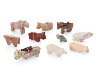 286
A group of Zuni carved stone fetish figures
Mid/late 20th century
Some variously labelled for and one signed by the artist
Comprising six horse figures, two bear figures, and two likely early-style mountain lion figures from various makers such as Emory Boone, Aaron & Thelma Sheche, and Rodney Laiwakete, most with turquoise inlaid features, five mounted with offerings
10 pieces
Largest: 2" H x 3.25" W x 0.75" D; Smallest: 1.25" H x 1.25" W x 0.375" D
Estimate: $200 - $400