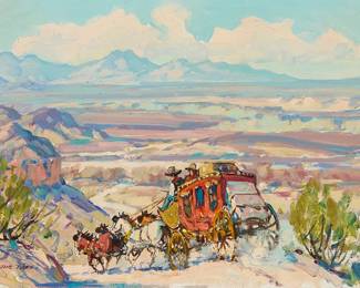 78
Marjorie Reed
1915-1996
"Down into the San Pedro Valley"
Oil on canvasboard
Signed lower left: Marjorie Reed; signed again and titled in ink on an artist label affixed verso
10" H x 14" W
Estimate: $800 - $1,200