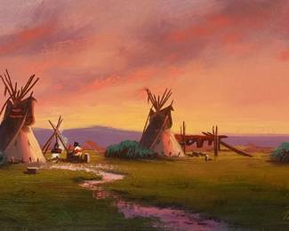 49
Heinie Hartwig
b. 1937
"Prairie Sundown"
Oil on Masonite
With the incised signature lower right: Heinie Hartwig; titled verso
6" H x 12" W
Estimate: $600 - $800