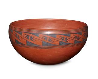 245
Verla Dewakuku (b. 1932, Hopi-Tewa)
A Hopi pottery bowl, late 20th century
Signed to underside: Verla Dewakuku
The bowl with black banded feather motif to rim and upper body on a terra cotta slip
5.125" H x 10.5" Dia.
Estimate: $200 - $400