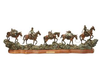108
James Regimbal
b. 1949
"Highway to Home," 1998
Patinated and cold-painted bronze on a wood base
Edition: 54/75
Signed, dated, titled, and numbered in the casting: Jim Regimbal / © 1998; titled and attributed to metal plaque applied to base
14.5" H x 50.25" W x 7" D
Estimate: $3,000 - $5,000