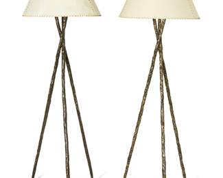 138
A pair of tripod floor lamps
Late 20th/early 21st century
The single-light tall lamps with black-painted composite tripod stands, each surmounted by a leather-stitched shade, one rawhide, one paper, electrified
2 pieces
Each frame: 76.5" H x 25" W x 19.5" D; Each shade: 14.75" H x 28.25" Dia.
Estimate: $500 - $700