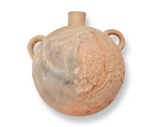 241
A large Hopi pottery canteen
19th century or earlier
With applied sticker to underside: Property of Primitive and Fine Arts #0016
The canteen with opposed lug handles and flat base
13.75" H x 12.5" W x 10.25" D
Estimate: $700 - $900