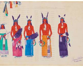 362
Francis J. Yellow
1956-2023, Lakota
Modern ledger painting, 1992
Ink and color markers on typed ledger paper
Signed, inscribed, and dated lower right: Francis J. Yellow / © Lakol [sic] 1992
Sheet: 8.5" H x 14.75" W
Estimate: $500 - $700