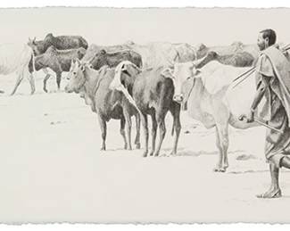 144
Lindsay Scott
b. 1955
Herding cattle
Graphite on wove paper
Signed in pencil lower left: Lindsay Scott
Sheet: 7" H x 22" W
Estimate: $800 - $1,200