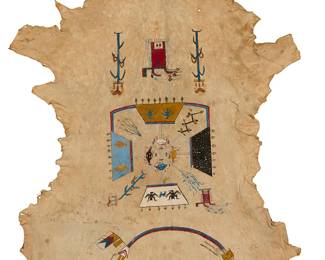 216
A Navajo sand painting on hide
Circa 1920, Diné
Painted in black, white, red, yellow, and two shades of blue, depicting a tobacco pouch guardian centering opposed corn stalks in the lower register, featuring a depiction of the sky from the Shootingway Chant including the horned sun, moon, and winds as well as the four sacred plants at center, with a rainbow guardian figure at top
Hide: 61" H x 46" W
Estimate: $2,000 - $3,000