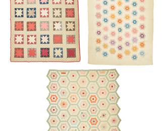 365
Late 19th/early 20th century
A group of American quilts
Three multicolored hand-and machine-stitched and quilted patchwork quilts in various designs and colors comprising two "Grandmother's Flower Garden" or "Mosaic" quilts, each with six-sided floral motifs, one large with cream cotton field, binding and backing (104.5" H x 74.5" W), and one smaller with green lattice outlines and irregular edges (79.5" H x 64.5" W), as well as a variation of "Ohio Star" or boxed star pattern quilt, with printed cotton banding to top, red contrast binding, and cream cotton backing (80.5" H x 66.5" W)
3 pieces
Estimate: $500 - $700