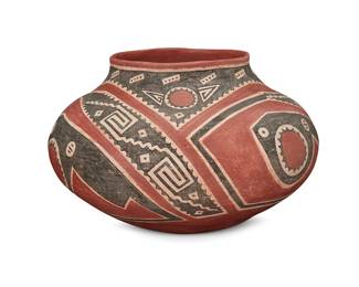 246
A large Salado Tonto polychrome storage jar
20th century or earlier
Marked to underside: BEAVERS / Salado / [illegible]
The three-color wide-bodied jar with black and red geometric and figural motifs on a white slip
9.5" H x 14.5" Dia.
Estimate: $300 - $500