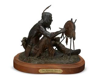 176
Bill Nebeker
b. 1942
"The Medicine Shield," 1989
Patinated bronze on wood plinth
Edition: 14/25
Signed, dated, and numbered in the casting: © Bill Nebeker / CA; further attributed and titled to metal plaque applied to plinth
Bronze: 8.625" H x 10" W x 7.5" D; Overall: 8.625" H x 11.25" W x 11.25" D
Estimate: $800 - $1,200