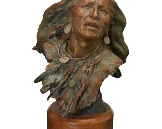 22
John Coleman
b. 1949
"Ghost Dancer," 2000
Patinated and cold-painted bronze on wood plinth
Edition: 25/50
Signed, dated, titled, and numbered in the casting: John Coleman / CA / ©
Bronze: 7.25" H x 5.5" W x 4.625" D; Overall: 8.75" H
Estimate: $1,000 - $1,500