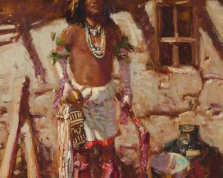 237
Buck McCain
b. 1943
Pueblo dancer
Oil on Masonite
Signed lower right: McCain
16" H x 12" W
Estimate: $1,000 - $2,000