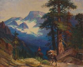 106
Arthur William Best
1859-1935
"Sonora Pass," 1934
Oil on canvas
Signed and dated lower left: A W Best / 34; signed again, titled, and inscribed indistinctly with the artist's address, verso
20" H x 24" W
Estimate: $2,000 - $4,000