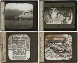 70
A group of magic lantern glass photo slides
Late 19th/early 20th century
Each variously labeled
The optical glass photo slides from various companies, each reputedly taken by George Thornton Emmons, an ethnographic photographer and U.S. Naval Lieutenant, set in Alaska and Seattle
19 pieces
Each: 3.25" H x 4" W
Estimate: $200 - $400