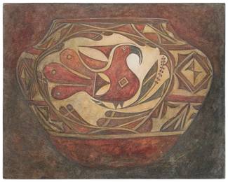 248
20th Century American School
Acoma pottery vase with avian motif
Mixed media on canvas
Signed and dated indistinctly and titled "Acoma" in gold ink at lower right
16" H x 20" W
Estimate: $200 - $400