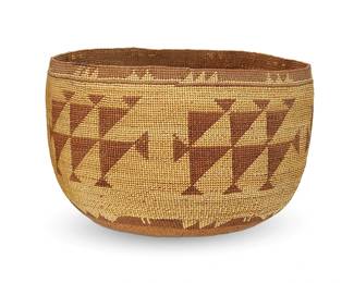 40
A large polychrome Hupa/Yurok/Karuk basketry bowl
Early 20th century; Northern California
A tall twined bowl with five floating stacked hooked triangle overlay motifs and complex geometric bands to top and base
7.75" H x 11.5" Dia. approximately
Estimate: $400 - $600