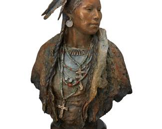 21
John Coleman
b. 1949
"Sister of the Plains," 2022
Cold-painted bronze on wood plinth
Edition: 30/35
Signed, dated, titled, and numbered in the casting: John Coleman / CA / ©
Bronze: 9.5" H x 6.875" W x 4.75" D; Overall: 10.875" H
Estimate: $1,000 - $1,500