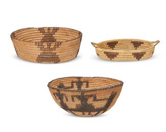 341
A group of Pima & Papago baskets
Early/mid-20th century, Akimel O'odham & Tohono O'odham; Southwest United States
Three works comprising two Pima coiled basketry bowls including a pictorial bowl with a rounded base and horse and rider motifs (4" H x 8.5" Dia.), and a shallow wide bowl with four geometric/floral motifs (3.25" H x 10" Dia.), as well as a Papago coiled small tray with floating stepped motifs and angled handles (1.75" H x 8" W x 5.25" D)
3 pieces
Estimate: $200 - $400