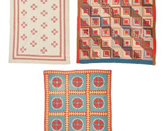 363
Early 20th century, Illinois, USA
A group of African American quilts
Comprising three multicolored hand-stitched and quilted patchwork quilts in various designs and colors including a "Log Cabin" pattern quilt with light and shade diagonal color effect, with blue, red, and brown borders and brown binding and backing (84" H x 72" W), a large quilt with red, blue, and white "Devil's Claws" / 8-pointed star variation roundels on a blue ground divided by "Flying Geese" bands and border in yellow and red, with red binding and a printed striped cotton backing (93.5" H x 75" W), and a small quilt with a nine-patch pattern in cream and red gingham, red gingham border strips and cream binding and backing (85.5 x 55" W)
3 pieces
Estimate: $600 - $900
