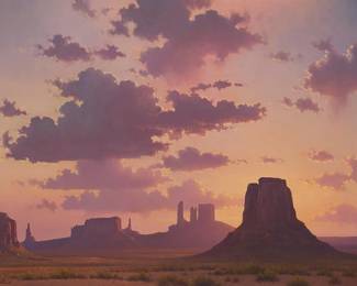 60
Michael Stack
b. 1947
"Sunset and Shadows Monument Valley," 2002
Oil on canvas
Signed lower left: Michael Stack; titled and dated in ink, and with the artist's copyright ink stamp, all on the frame's backing board; titled and dated again on the stretcher: © 2002
32.25" H x 46.25" W
Estimate: $4,000 - $6,000