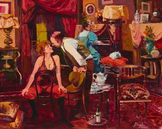 274
James Neil Boyle
1931-2006
Saloon scene
Oil on canvas
Signed lower right: Boyle / BSWCA
24" H x 30" W
Estimate: $400 - $600