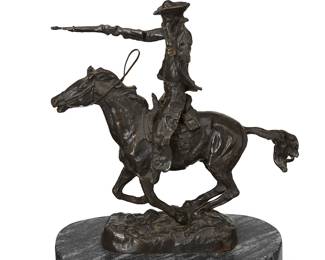 353
After Carl Kauba
1865-1922
"Fill your Hands"
Patinated bronze on marble plinth
Signed in the casting: Kauba; further attributed and titled to metal plaque applied to plinth
Bronze: 9.625" H x 9.25" W x 3.375" D; Overall: 11.125" H x 9" W x 5.5" D
Estimate: $300 - $500